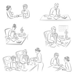 Collection. Girl secretary works with documents. Boss boss. Corporate work in the office. Set of vector illustrations.