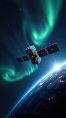 Astronaut on space station observing wildfires burning from Earth's orbit, with Aurora Borealis in the background.