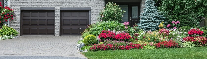 House exterior garden, lawn, garage, door, trees, bushes, flowers. Landscaping design use