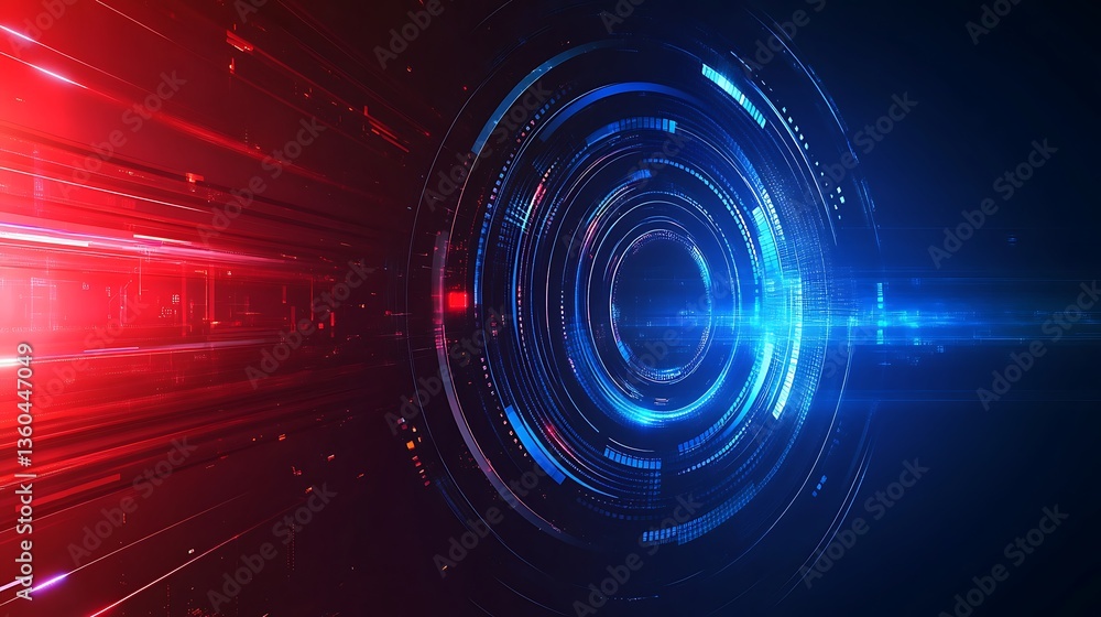 Poster Abstract Futuristic Technology Background with Red and Blue Digital Circles and Light Streaks