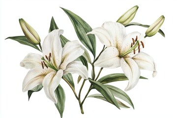 Fototapeta premium Elegant blooming lilies with buds isolated on white background