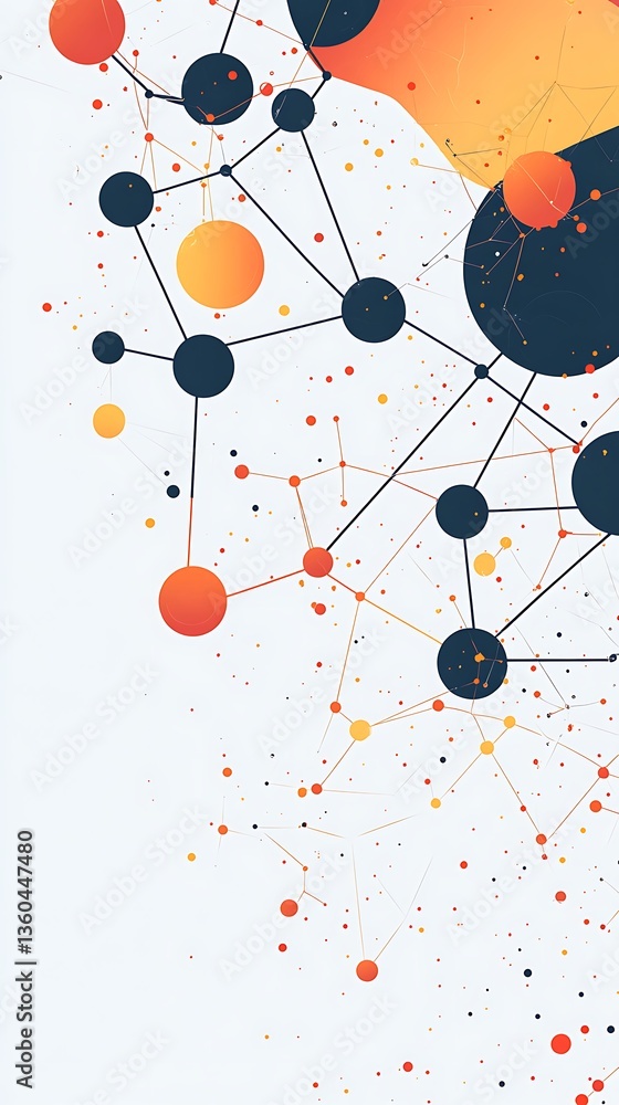 Fototapete Abstract Network Visualization with Orange and Red Nodes Connected by Lines