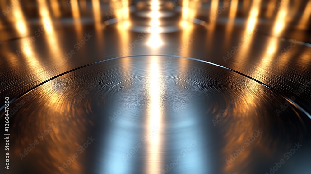 Poster Abstract Metal Surface with Golden Highlights and Circular Pattern, Creating a Futuristic and Technological Atmosphere.