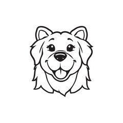 Cartoon dog face, happy expression, black and white line drawing