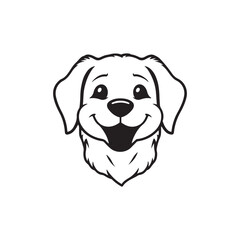 Cartoon dog face, happy expression, black and white line drawing