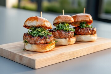 Three delicious gourmet sliders served on a wooden platter at a modern outdoor venue during golden hour