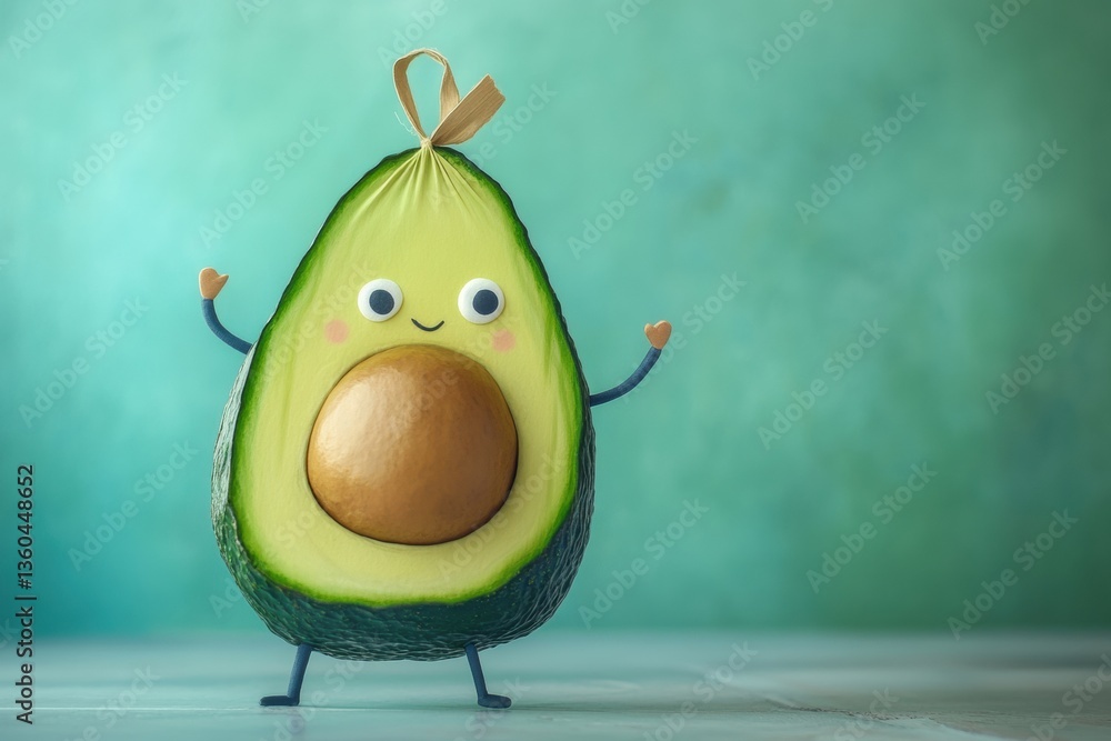 Poster Humorous cartoon avocado carries large grocery bag in playful pastel setting showcasing exaggerated proportions and joyful character Generative AI