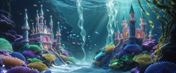 Beneath the surface, a magical underwater kingdom reveals colorful coral formations, intricate castles, and diverse marine life swimming gracefully among the structures