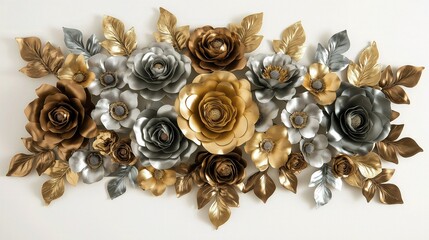 Arrangement of metallic gold and silver paper roses with leaves creates a textured floral border perfect for luxury advertising.