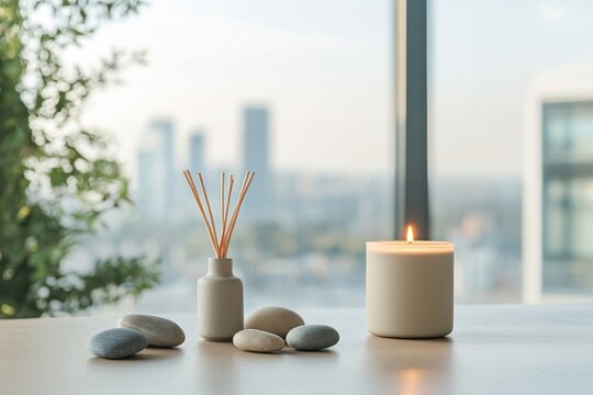 Relaxing interior arrangement with scented candle and diffuser near window overlooking city skyline