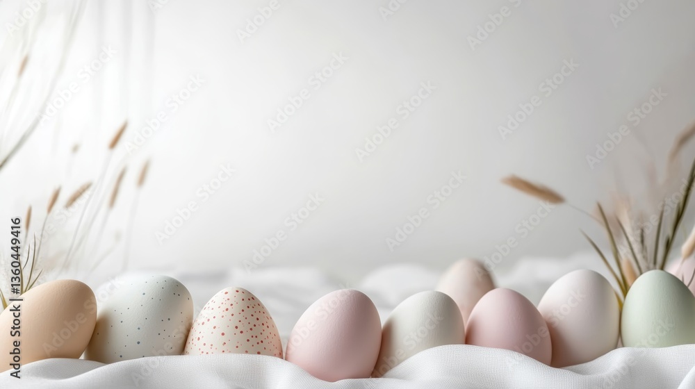 Poster colorful easter eggs arranged in a row on a textured cloth with dried grass in a soft, bright settin