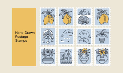 A modern vector-style illustration featuring a collection of hand-drawn postage stamps with minimalist line art, easily editable.