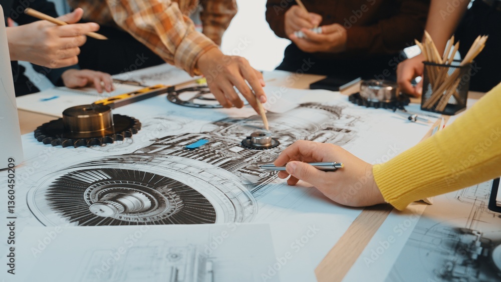 Poster a group of engineers engaged in a creative workshop, actively analyzing detailed technical drawings 