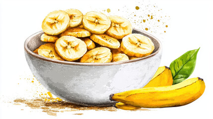 Dried Banana Chips in a Bowl with Fresh Bananas