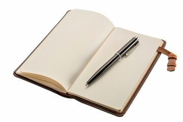 Open notebook with a black pen resting on blank pages, ready for writing, on a white background