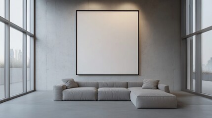 A modern minimalist living room with a gray L - shaped sofa, multiple gray throw pillows, a blank picture frame on the concrete wall, a floor lamp, decorative pampas grass