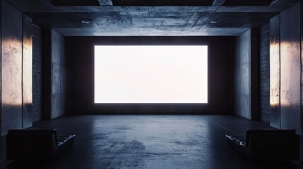 An industrial - style indoor space with a large white screen in the center, concrete walls and floor, ceiling with lighting fixtures and pipes, dim lighting, moody atmosphere