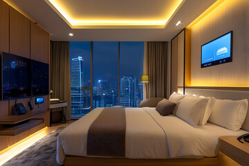 Bedroom with city view at night in luxury hotel