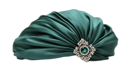 Elegant satin turban with intricate jewel embellishment in rich green color, perfect for fashion and costume accessories