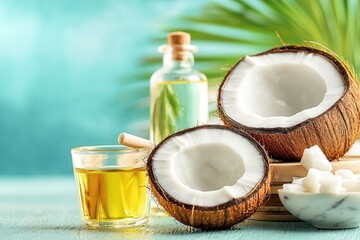 Hair regrowth natural solutions. Coconuts and oil with glass, sugar on a bright, tropical background.