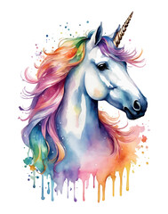 Unicorn head in wreath of flowers. Watercolor vector illustration.