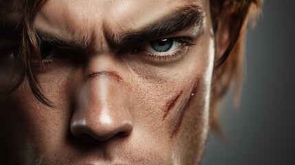 Intense close-up of man with scars showing determination, expression emphasizing depth, strength, and emotion in dramatic lighting