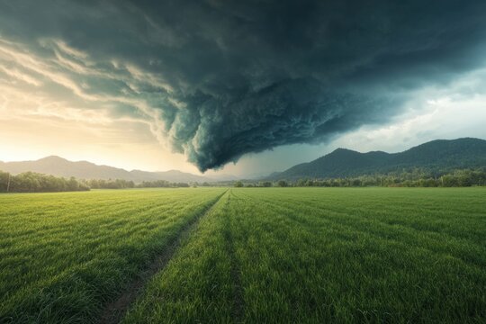 Storm clouds gather over a lush green field in the countryside during sunset near distant mountains