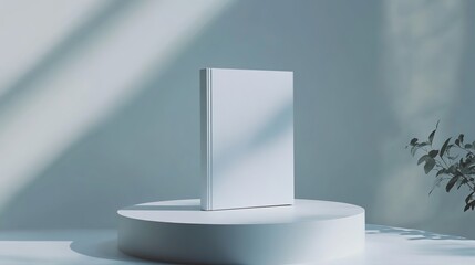 Fototapeta premium A white book standing on a white circular platform, against a light gray wall with light and shadow cast, simple and clean aesthetic