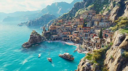 Naklejka premium A picturesque small town perched on a cliff above the ocean. Perfect for travel brochures