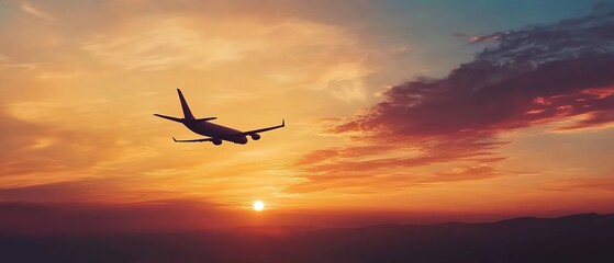 An airplane flying in the sky during sunset, with the sun below in the frame, sky filled with orange and pink clouds