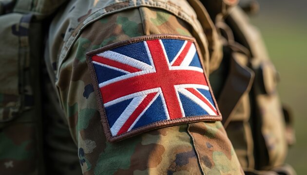 Close-up of UK flag patch on military uniform. British soldier with camouflage pattern on sleeve. Symbol of England, Great Britain, armed forces, army, defense.