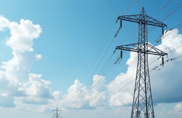 High voltage electric pylon against blue sky with clouds. Power lines transmit electricity across the landscape. Industrial structure supplies energy to the city. Energy tech.