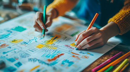 working on a large goal-setting chart on a wall, with different categories for personal and professional goals, taking action to achieve them 