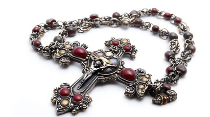 A decorative cross necklace on a white background