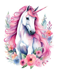 Unicorn head in wreath of flowers. Watercolor vector illustration.
