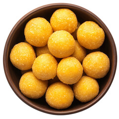 A bowl of besan laddu top view isolated on transparent background
