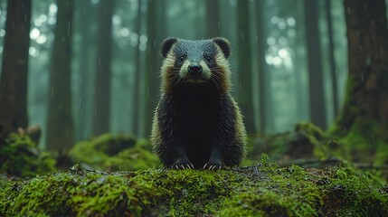 Obraz premium A small, dark-furred mammal sits amidst lush green moss in a misty forest, rain falling
