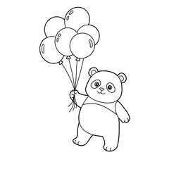 Obraz premium Line drawing of panda holding balloons, joyful expression, suggesting celebration, fun, or children's theme, ideal for cards or prints