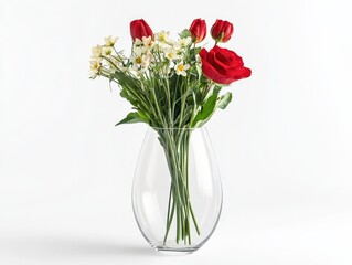 Fototapeta premium A clear vase with fresh flowers, minimal and isolated on a seamless white background,