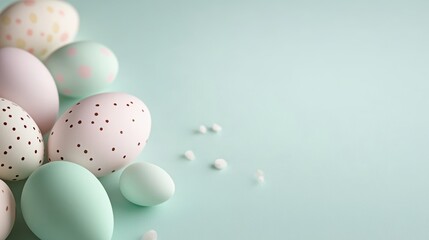 Colorfully decorated eggs scattered on a pastel blue background create a festive atmosphere for spring celebrations and Easter festivities