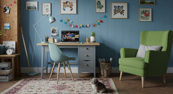 A cozy home office bathed in soft light, featuring a vibrant green armchair and a light blue desk, perfect for creative work and relaxation.