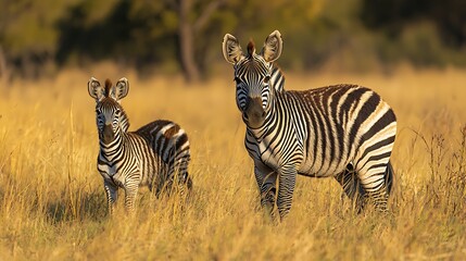 Fototapeta premium A young zebra and its foal stand in tall, golden grass, bathed in the warm light of the setting sun