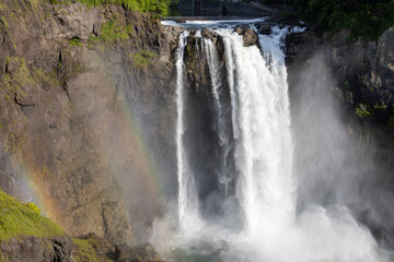 Snoqualmie Falls Washington State USA pacific northwest PNW Seattle waterfall rainbow. A majestic powerful intense flowing waterfall