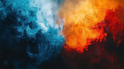 Blue and orange - red fluid - like substances facing each other, resembling the collision of water and fire, dynamic and vivid, digital art style