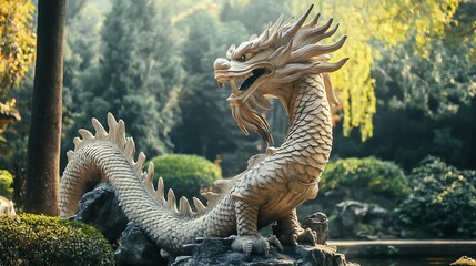 Stone dragon statue, centrally framed, with scales and spikes. 
