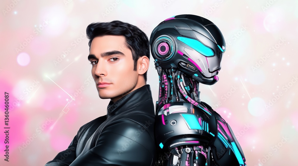 Poster futuristic man and robot stand back to back in a colorful digital environment showcasing advanced te