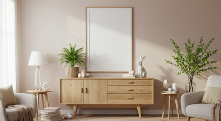A serene living room, bathed in sunlight, showcases a light wood sideboard adorned with spring decorations, including a charming bunny and budding branches, creating a peaceful Easter ambiance.