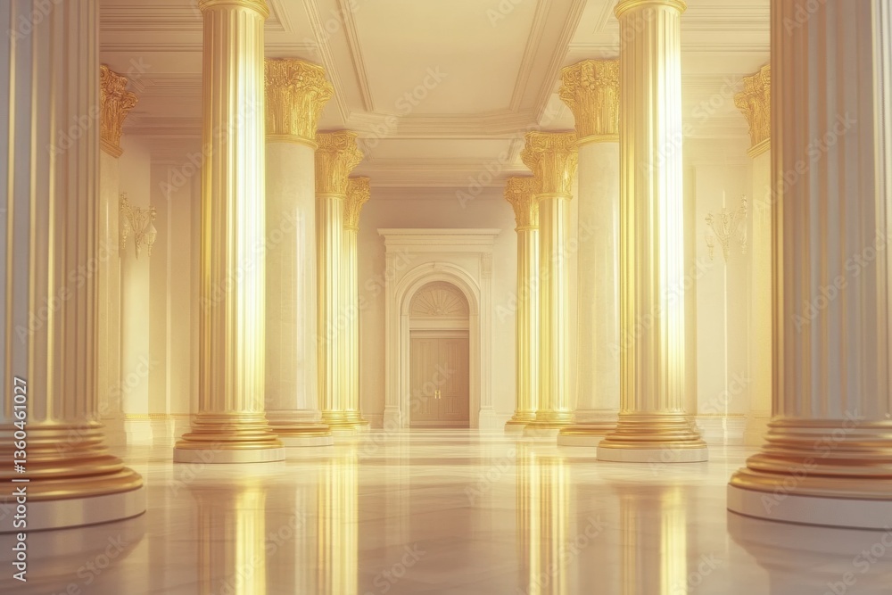 Poster luxurious golden columns in a prestigious government building with elegant lighting and refined poli