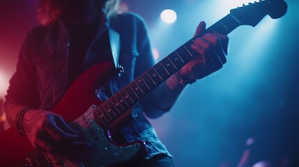 Obraz premium A guitarist passionately performing on stage with dramatic lighting.