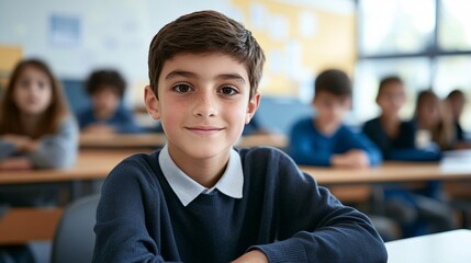 Fototapeta premium Young Student in Classroom: A cheerful young boy sits at his desk in a classroom, capturing a moment of youthful curiosity and innocence amidst the backdrop of a bright school day.